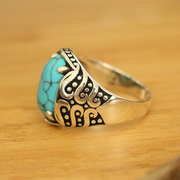 925 Sterling Silver Men's Rings Turquoise Stone - Picture 8 of 9